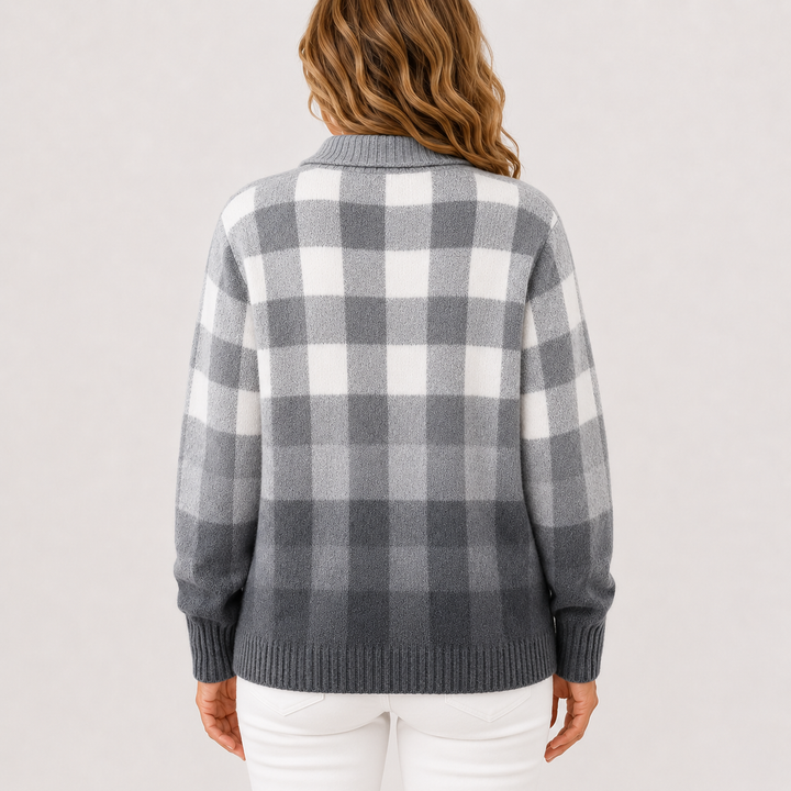Cardigan-chemise en maille à carreaux gris, vue de dos