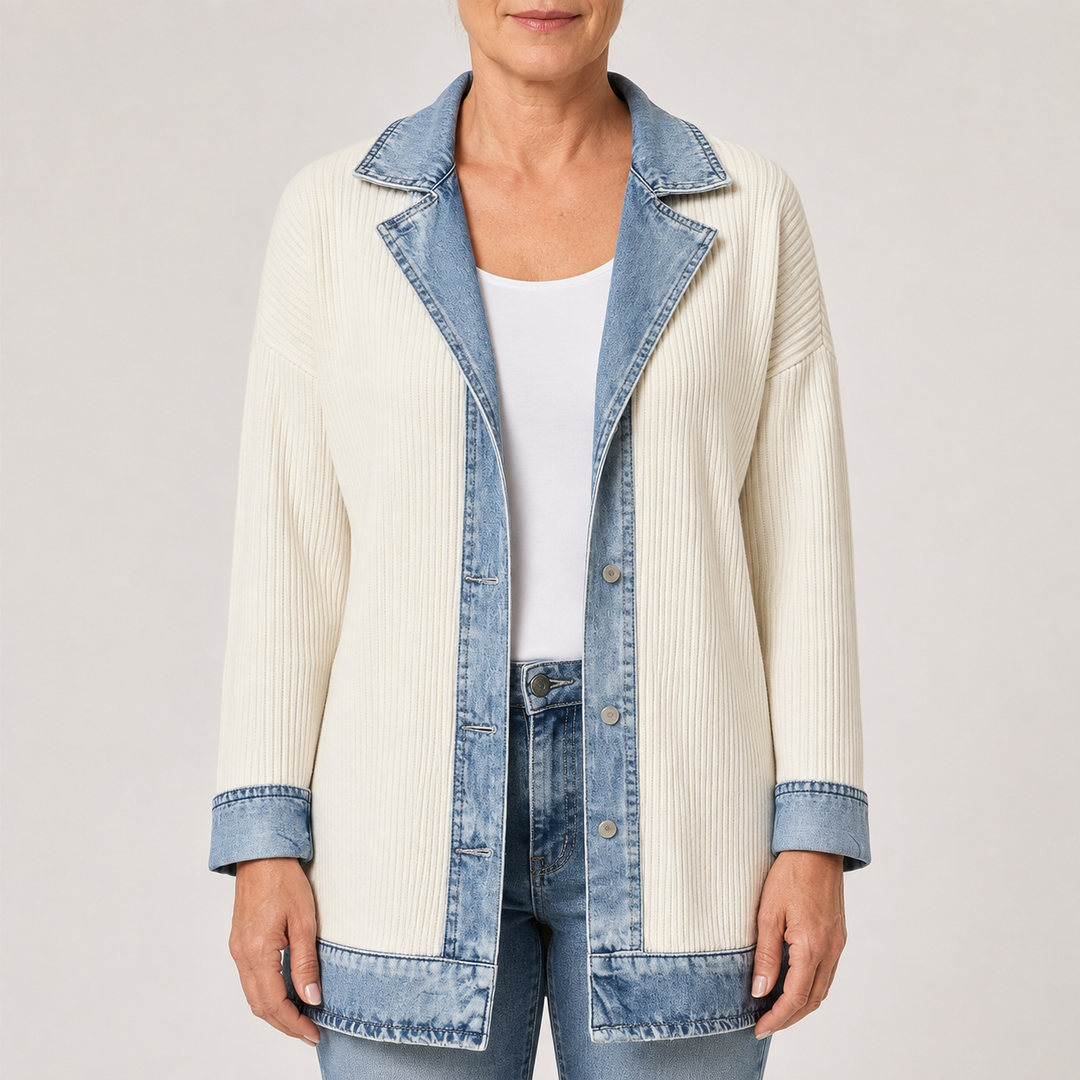 Veste en maille écrue à finitions en jean, vue de face