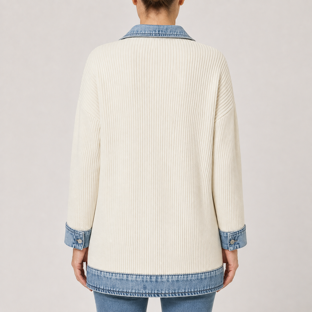 Veste en maille écrue à finitions en jean, vue de dos