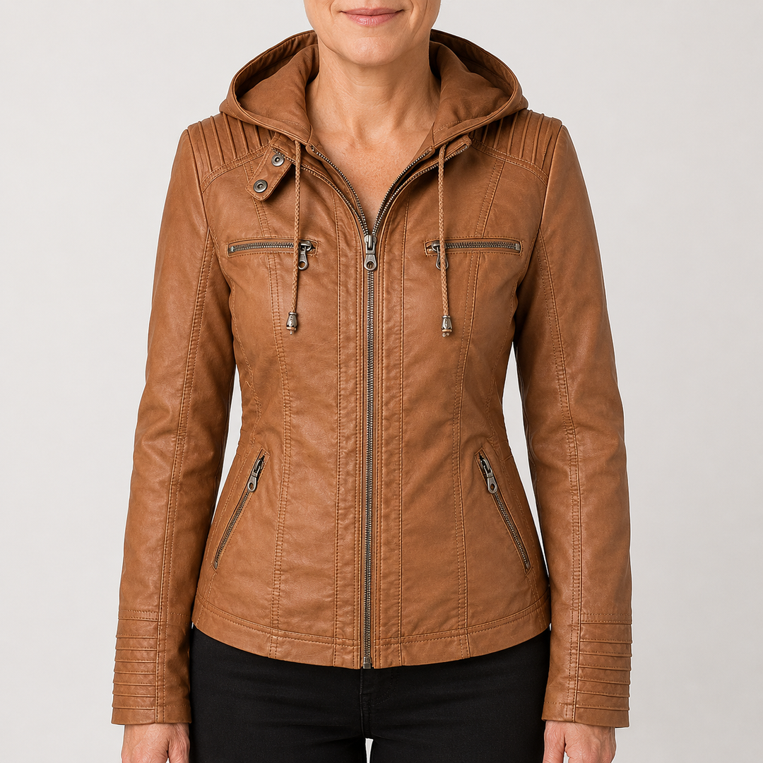 Veste à capuche aspect cuir cognac, vue de face
