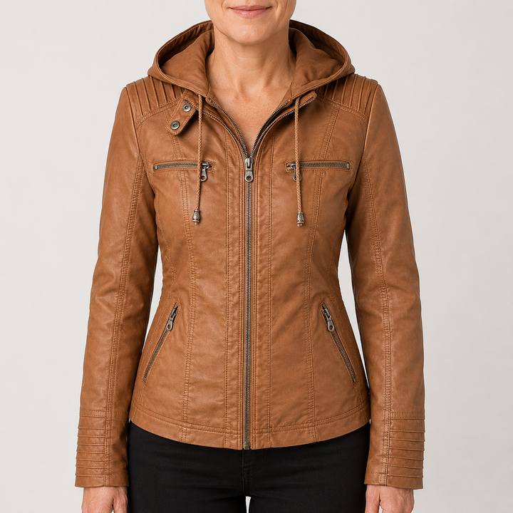 Veste à capuche aspect cuir cognac, vue de face