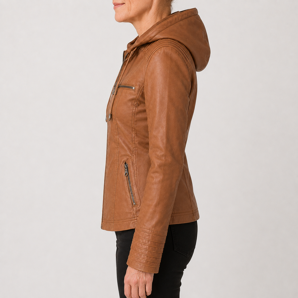 Veste à capuche aspect cuir cognac, vue de profil