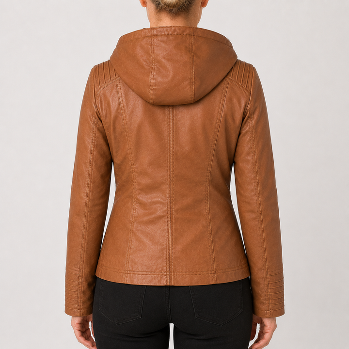 Veste à capuche aspect cuir cognac, vue de dos