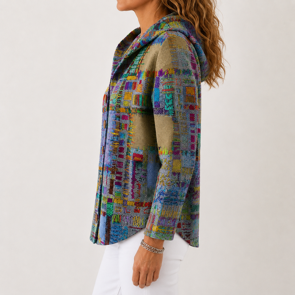 Veste-chemise à capuche imprimé multicolore, vue de profil