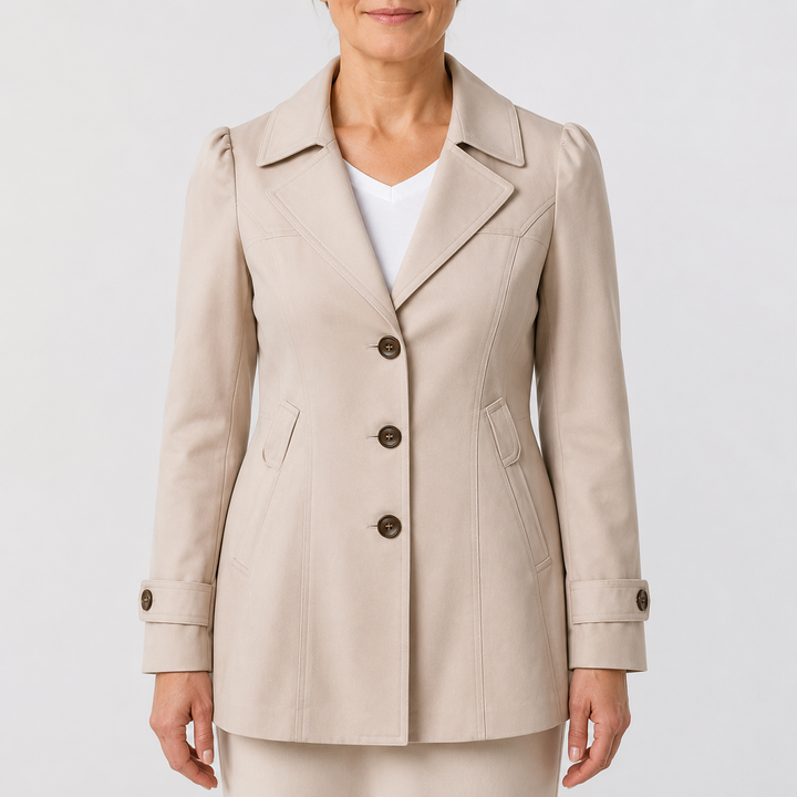 Veste tailleur longue beige à col cranté, vue de face
