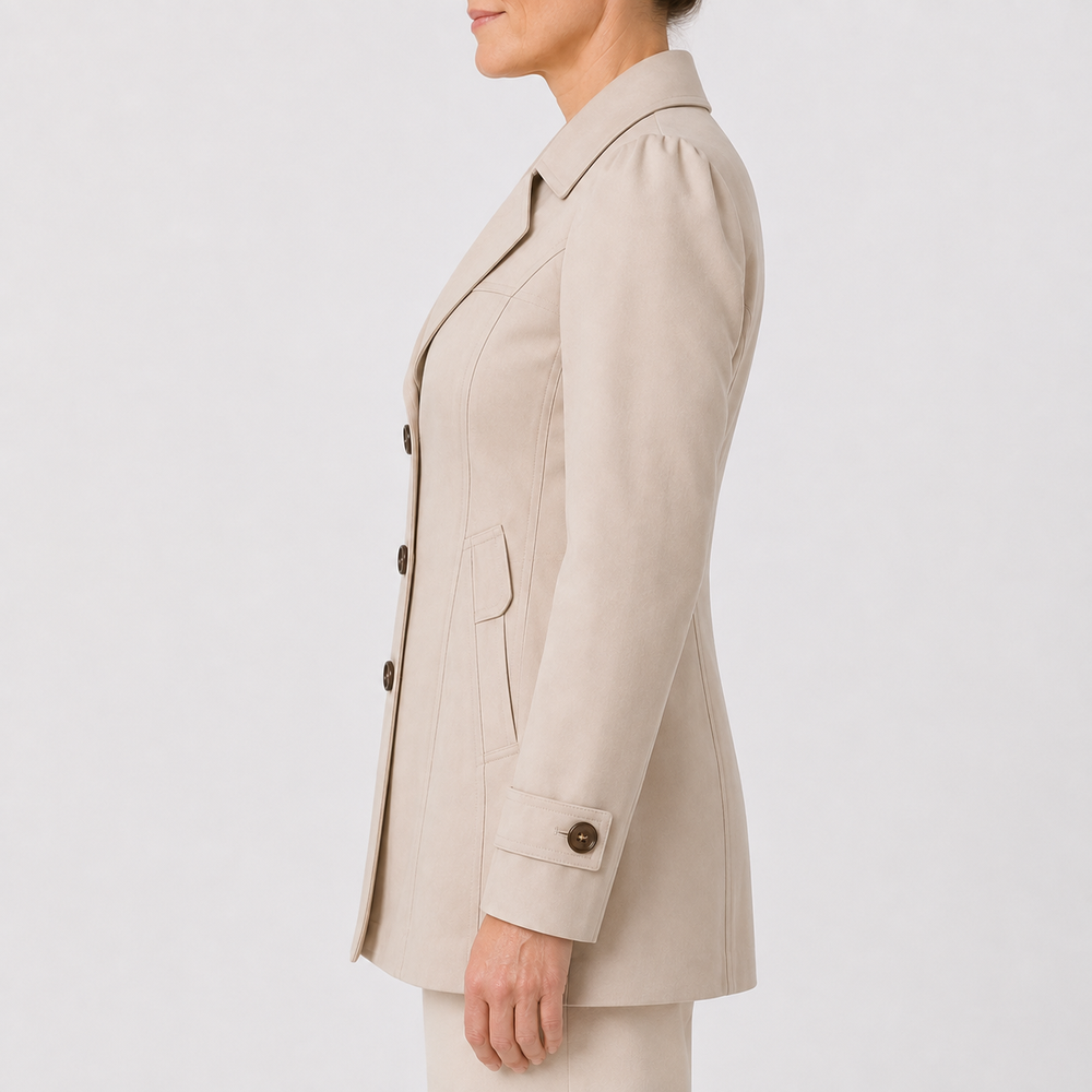 Veste tailleur longue beige, vue de profil