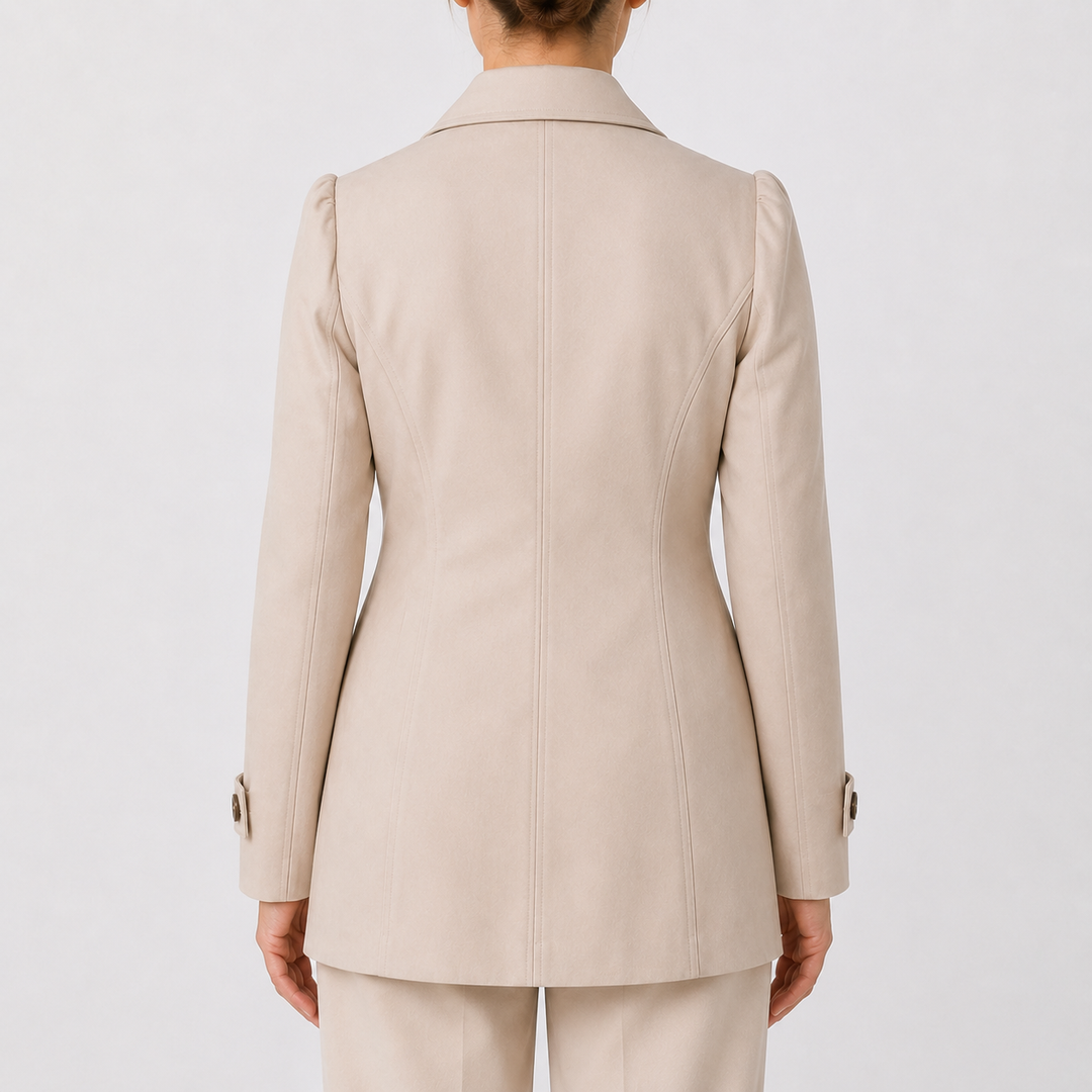 Veste tailleur longue beige, vue de dos