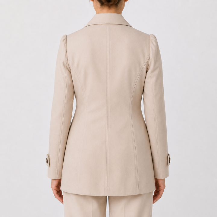 Veste tailleur longue beige, vue de dos