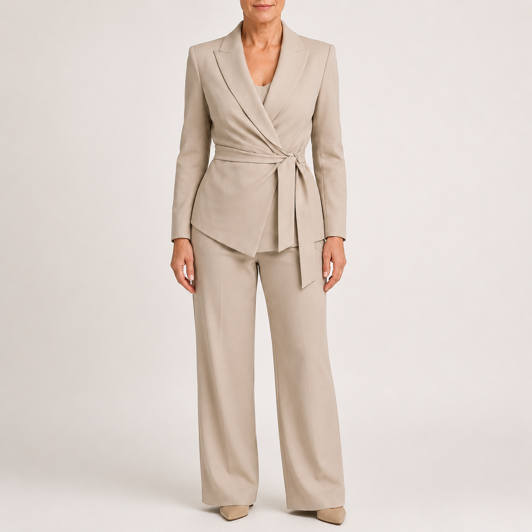 Ensemble tailleur cache-cœur beige à ceinture, vue de face