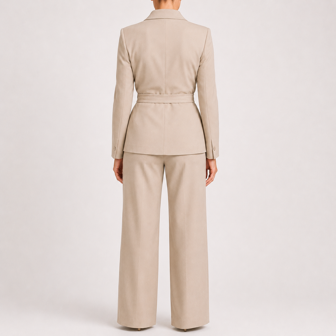 Ensemble tailleur cache-cœur beige, vue de dos