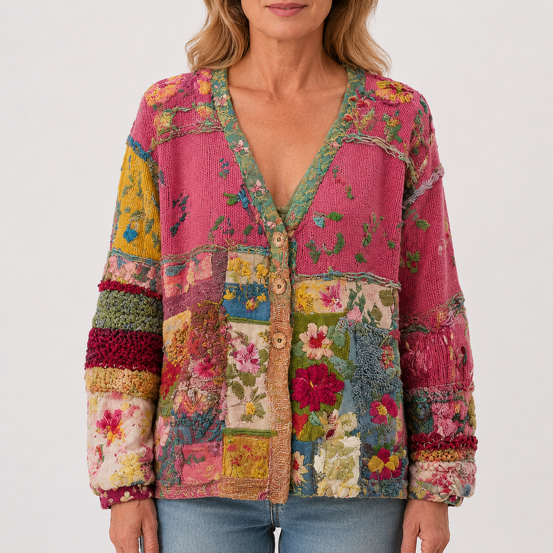 Cardigan patchwork fleuri rose à col V, vue de face