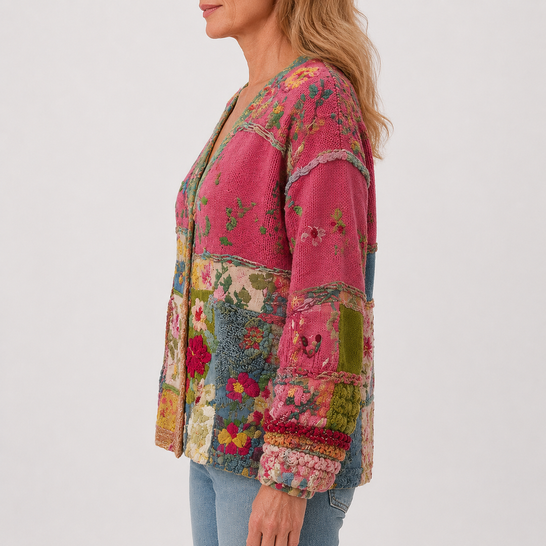 Cardigan patchwork fleuri rose, vue de profil