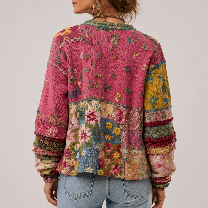 Cardigan patchwork fleuri rose, vue de dos