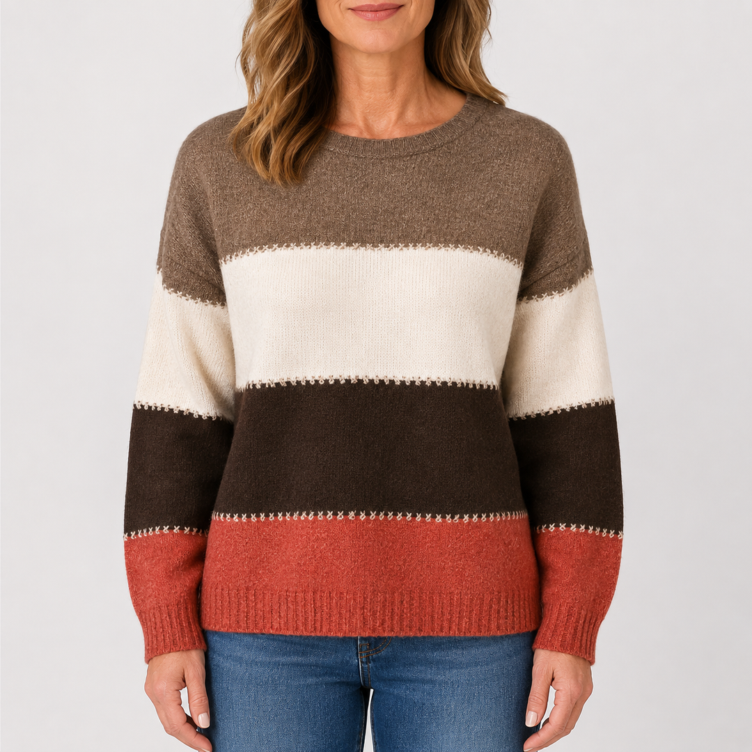 Pull à larges bandes taupe, écru, chocolat et terracotta, vue de face