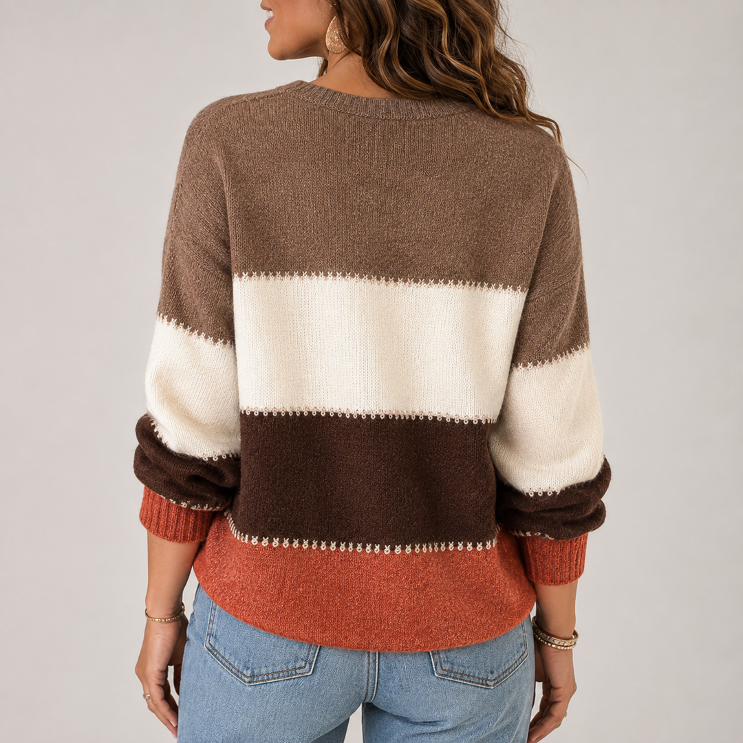 Pull à larges bandes colorées, vue de dos