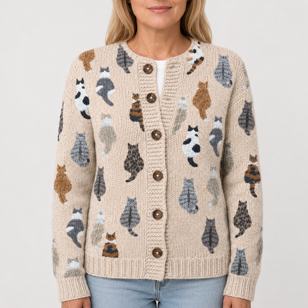 Gilet en maille beige à motif chats, vue de face