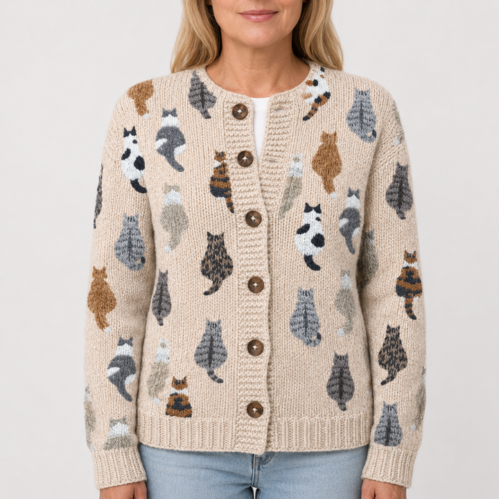 Gilet en maille beige à motif chats, vue de face