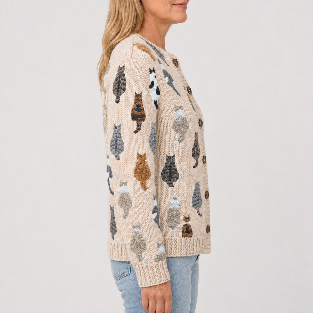 Gilet en maille beige à motif chats, vue de profil