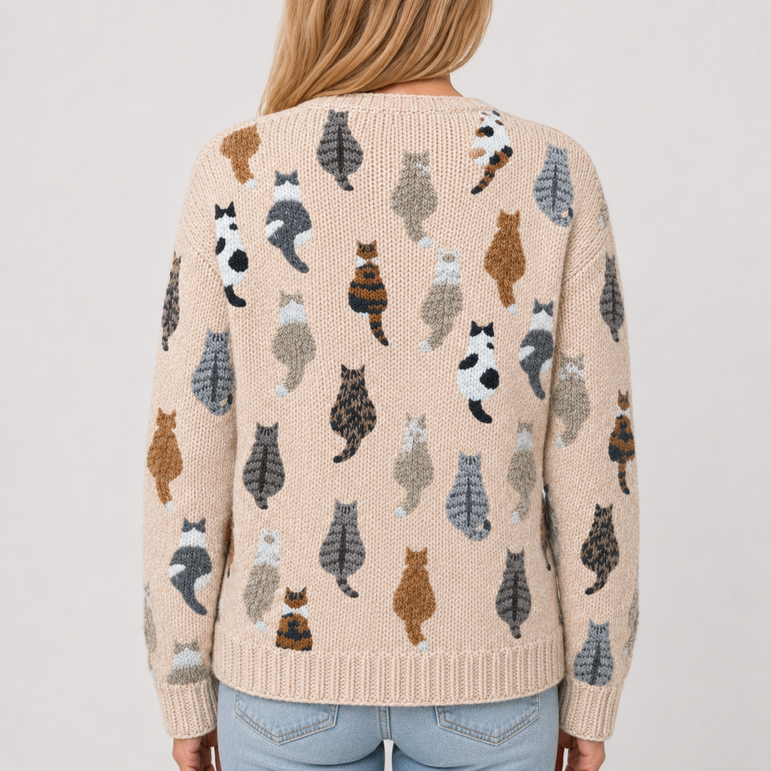 Gilet en maille beige à motif chats, vue de dos