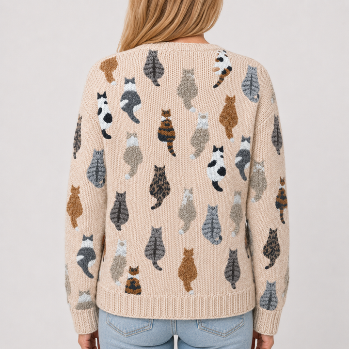 Gilet en maille beige à motif chats, vue de dos