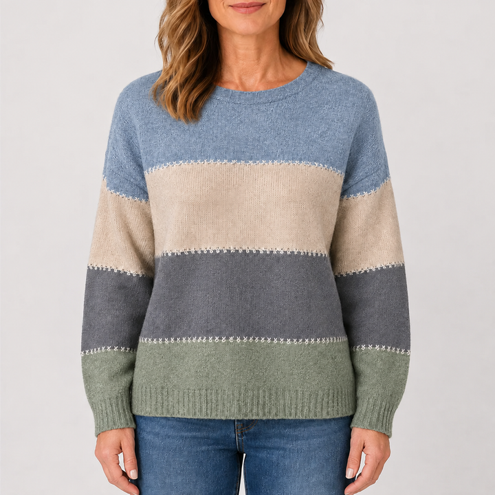 Pull à Larges Bandes Colorées à Col Rond pour Femme
