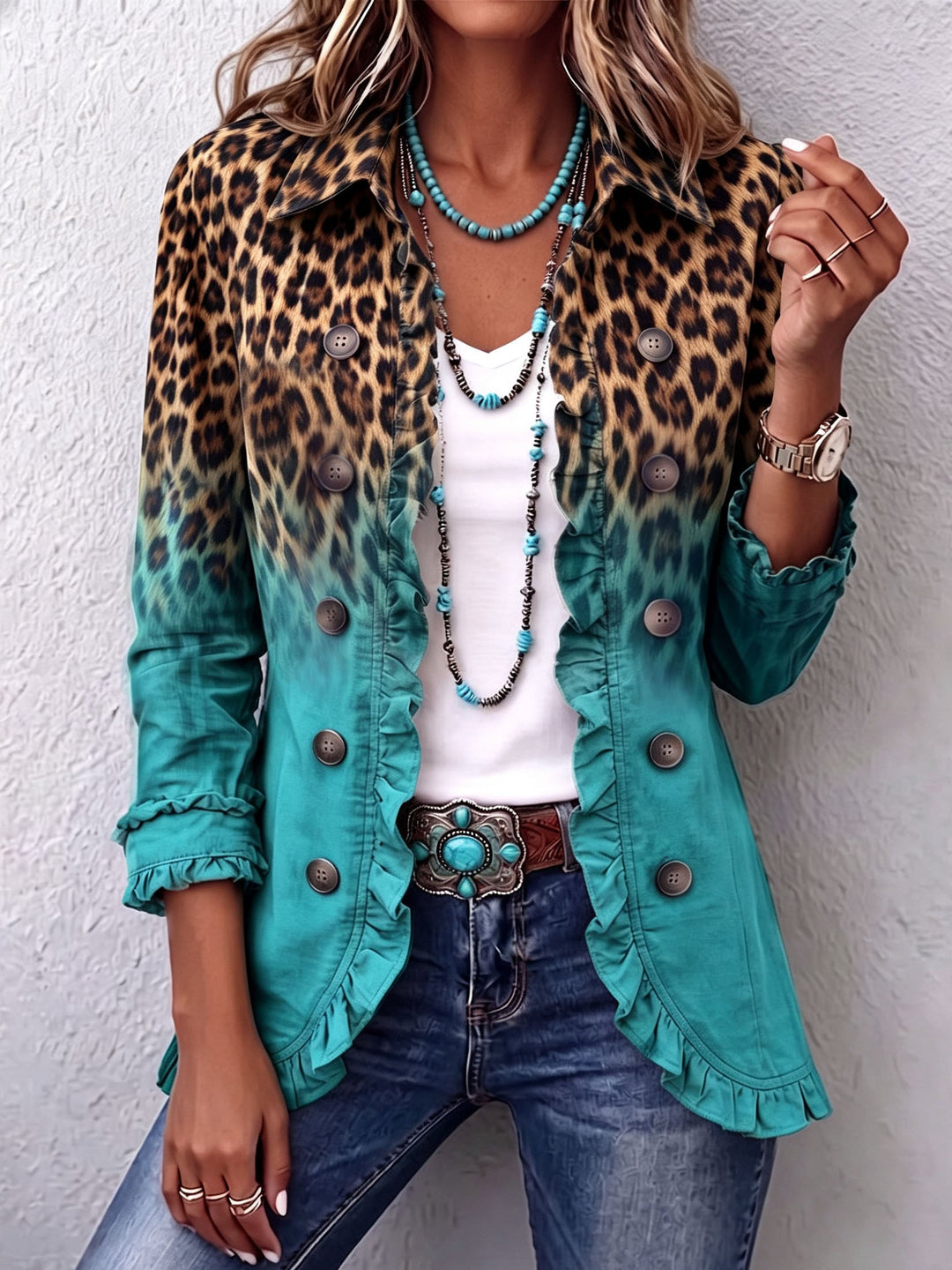 Blazer à imprimé léopard et volants pour femme – turquoise