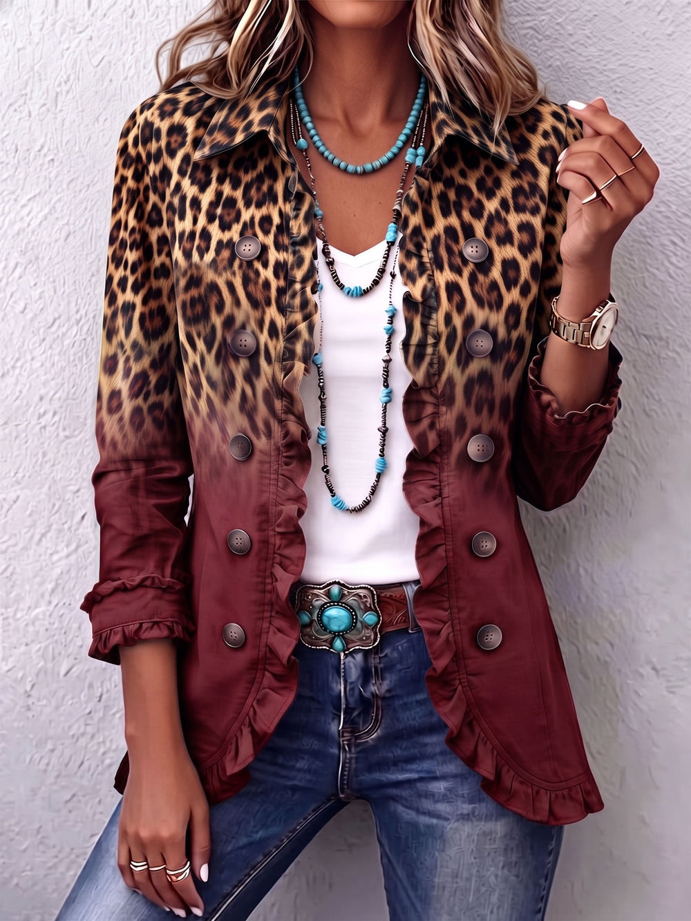 Blazer à imprimé léopard et volants pour femme – bordeaux