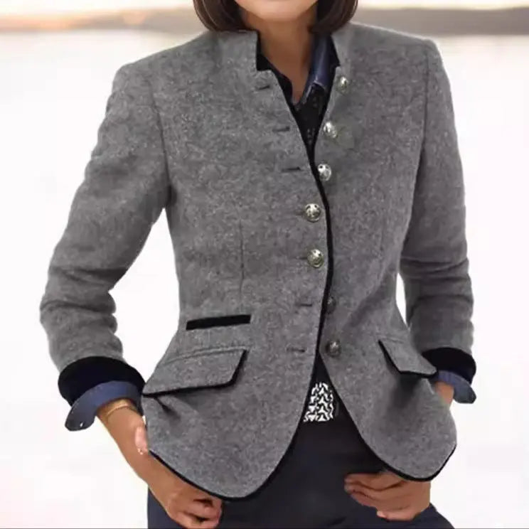 Blazer en laine à liseré contrasté pour femme – gris